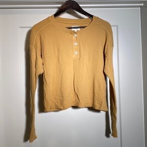 MATE the Label Cropped Long Sleeve Thermal Henley, Mustard Yellow, Size Small